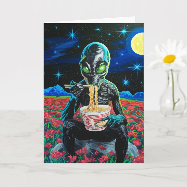 Black Alien Green Eyes Eating Noodles All Occasion Card (Small Plant)