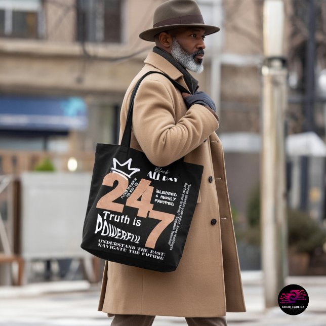 Black All Day 24/7 Slogan Graphic Tote Bag (Truth is powerful. Carry it with you.)