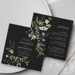 Black All In One Delicate Wildflower Boho Wedding Invitation<br><div class="desc">This elegant All In One wedding invitation features hand-painted watercolor wildflowers in butter yellow, sage green, dusty green, and light blue with a QR code and wedding details on the back, perfect for spring, summer or fall weddings. For more advanced customisation of this design, please click the BLUE DESIGN TOOL...</div>
