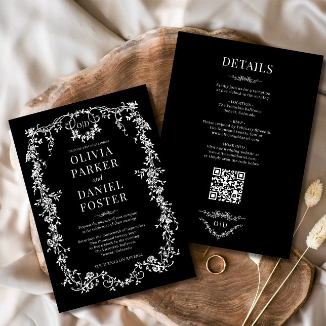 Black All in One Victorian Wedding Monogram Invitation (Creator Uploaded)