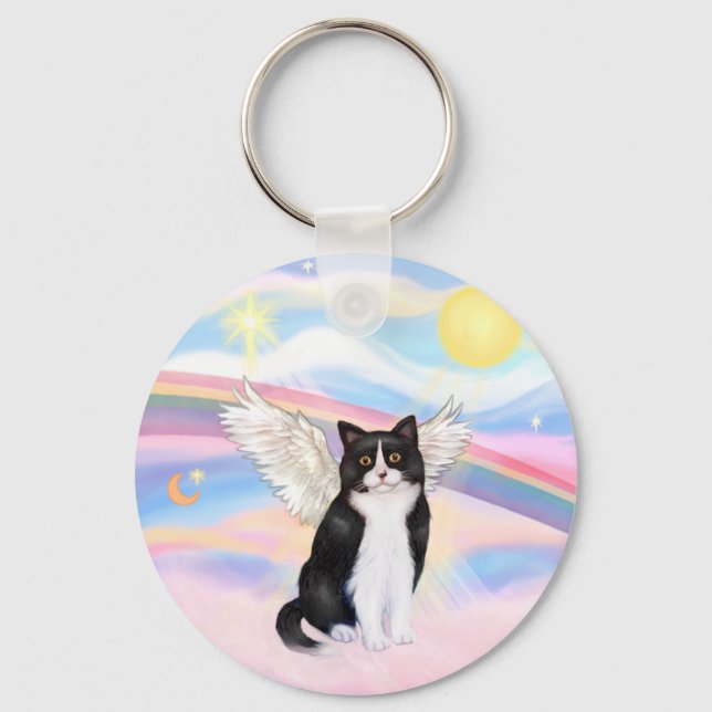Black &amp; White Cat - Clouds Key Ring (Front)