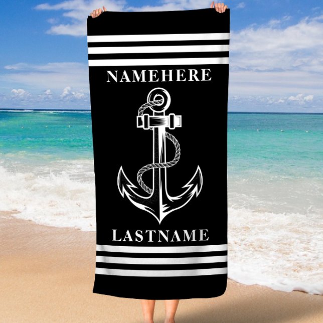 Black Anchor and Stripes Custom Name or Text Beach Towel (Black Anchor and Stripes Custom Name or Text Beach Towel)