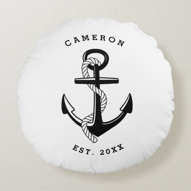 Black Anchor Nautical Personalised Round Cushion (Front)