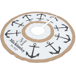 Black Anchors and Brown Rope Nautical Family Name Brushed Polyester Tree Skirt