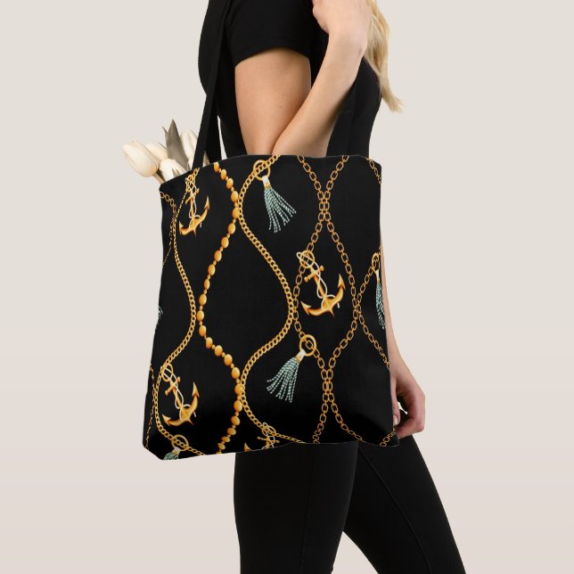 Black Anchors & Chains Nautical Tote Bag (Close Up)