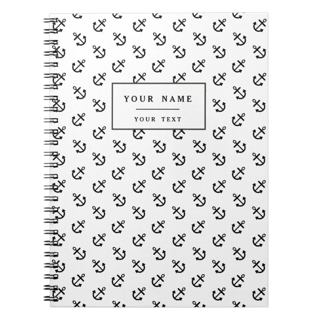 Black Anchors White Background Pattern Notebook (Front)