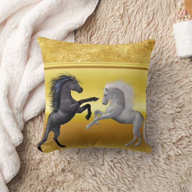 Black and a white Horse that are fighting gold Cushion (Blanket)
