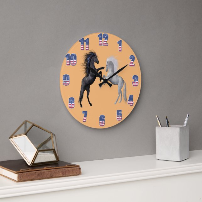 Black and a white Horse that are fighting  Large Clock (Office)