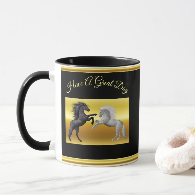 Black and a white Horse that are fighting Mug (With Donut)