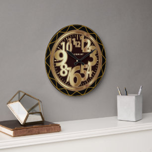 Black and Antique Gold Abstract Large Clock