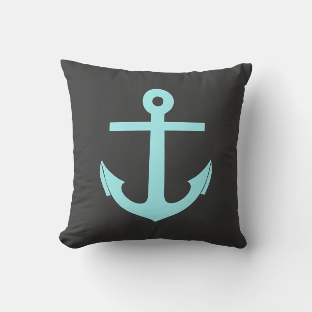 Black and Aqua Anchor Nautical Outdoor Cushion (Front)