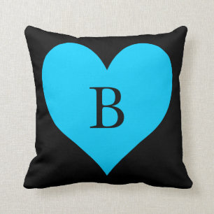 Black and Aqua Blue Heart Monogram Cushion