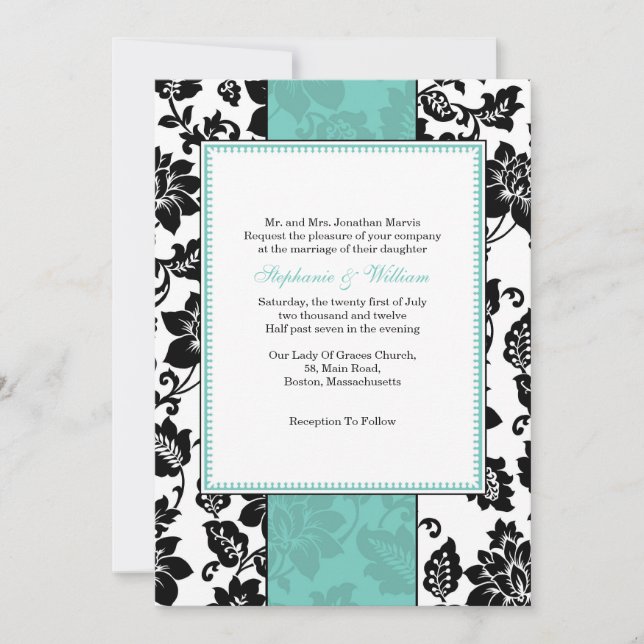 Black and Aqua Damask Wedding Invitation (Front)