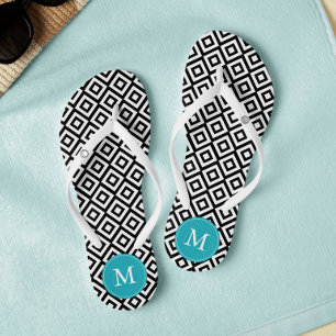 Black and Aqua Diamonds Monogrammed Thongs