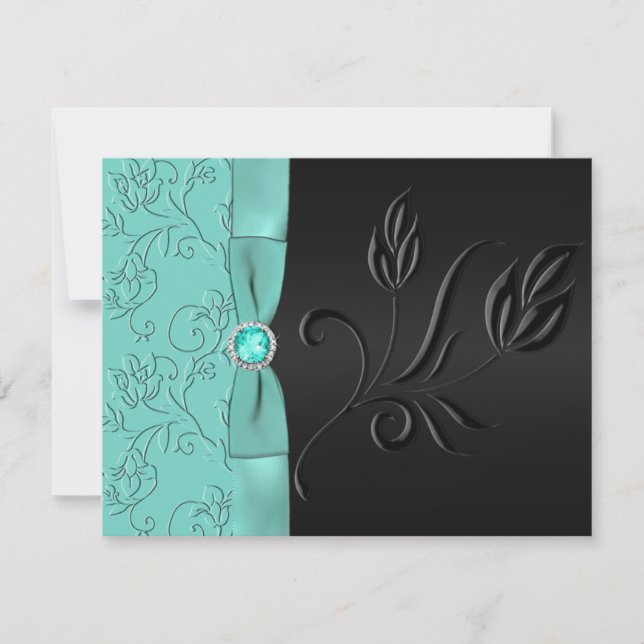Black and Aqua FAUX Ribbon & Jewels RSVP Card (Front)