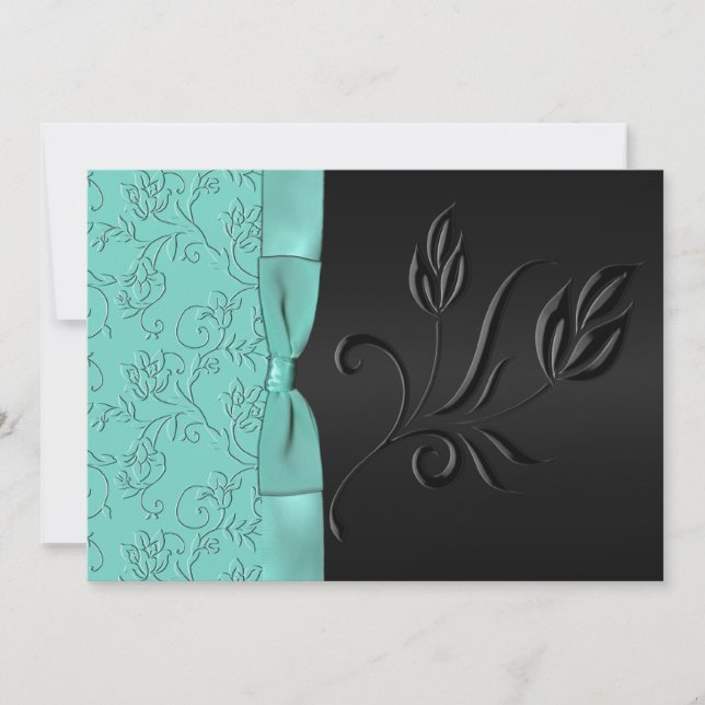 Black and Aqua Floral FAUX Ribbon Wedding Invite (Front)