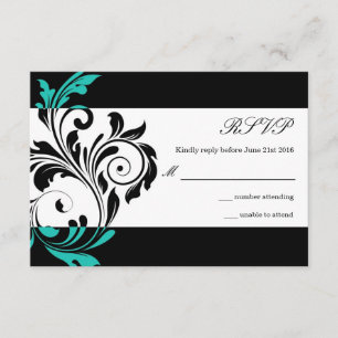 Black and Aqua Floral Swirl Wedding RSVP Card