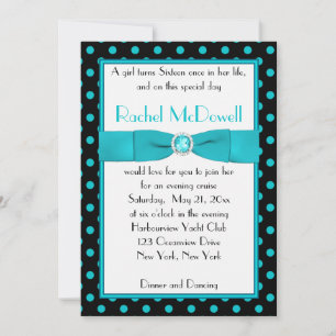 Black and Aqua Polka Dot Sweet Sixteen Invitation