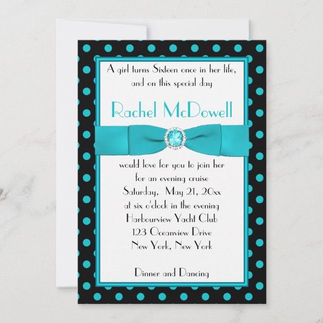 Black and Aqua Polka Dot Sweet Sixteen Invitation (Front)