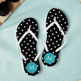 Black and Aqua Polka Dots Monogrammed Thongs