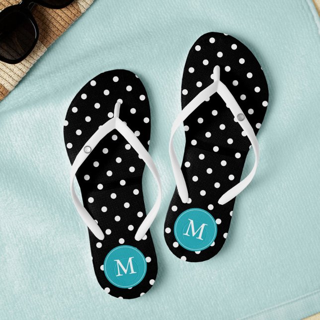 Black and Aqua Polka Dots Monogrammed Thongs (Creator Uploaded)