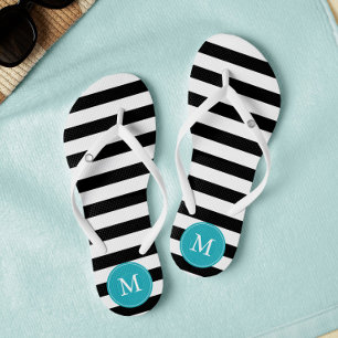 Black and Aqua Stripes Monogrammed Thongs