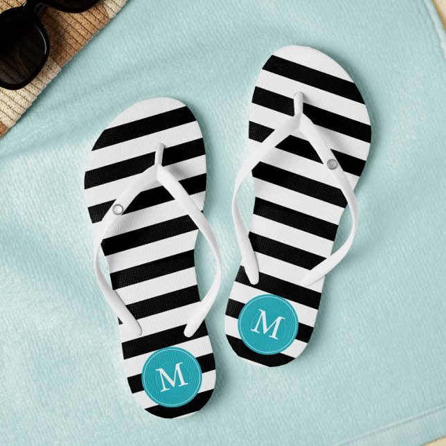 Black and Aqua Stripes Monogrammed Thongs (Creator Uploaded)