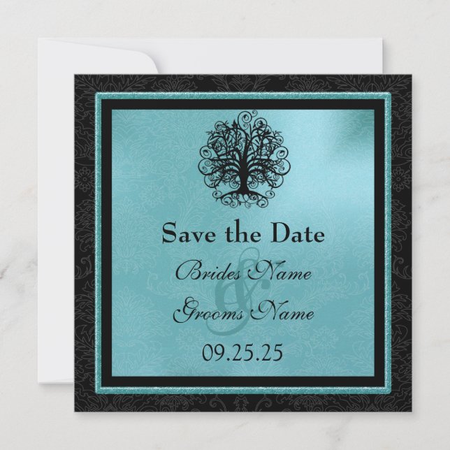 Black and Aqua Swirl Love Tree Wedding Save the Da Save The Date (Front)