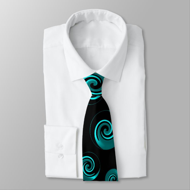 Black and Aqua Teal Swirls Tie (Tied)