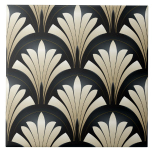 Black and Beige Art Deco Floral Fans Ceramic Tile