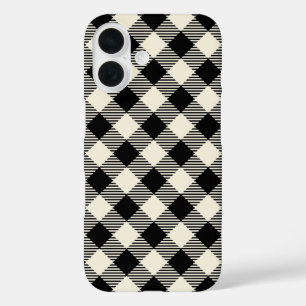 Black and Beige Diagonal Gingham Plaid Pattern iPhone 16 Case