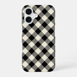 Black and Beige Diagonal Gingham Plaid Pattern iPhone 16 Case