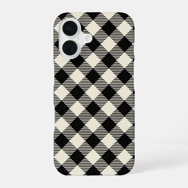 Black and Beige Diagonal Gingham Plaid Pattern iPhone 16 Case (Back)