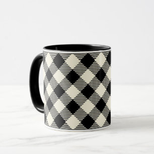 Black and Beige Diagonal Gingham Plaid Pattern Mug