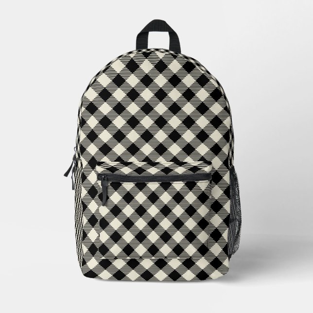 Black and Beige Diagonal Gingham Plaid Pattern Printed Backpack (Front)