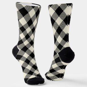 Black and Beige Diagonal Gingham Plaid Pattern Socks