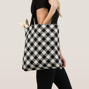 Black and Beige Diagonal Gingham Plaid Pattern Tote Bag