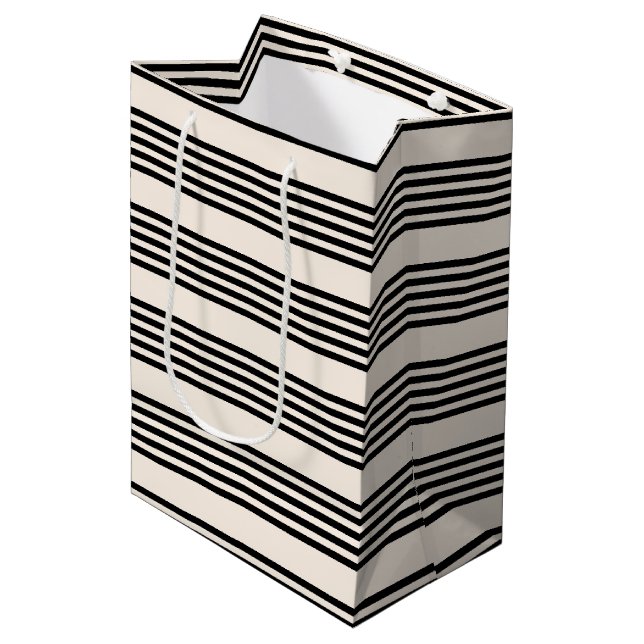 Black and beige five stripe pattern medium gift bag (Front Angled)