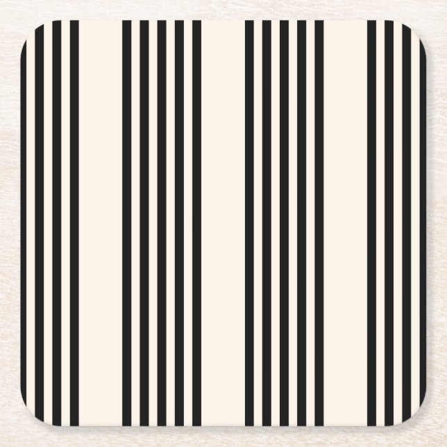 Black and beige five stripe pattern square paper coaster (Front)