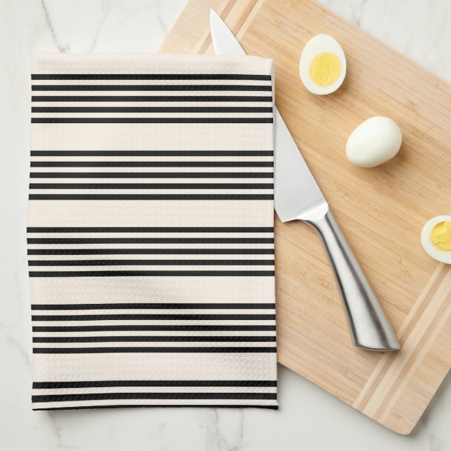 Black and beige five stripe pattern tea towel (Quarter Fold)