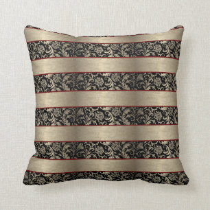 Black And Beige Floral Damasks With Stripes Cushion