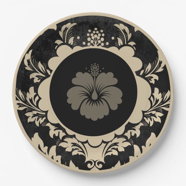 Black and beige floral formal wedding paper plate (Front)
