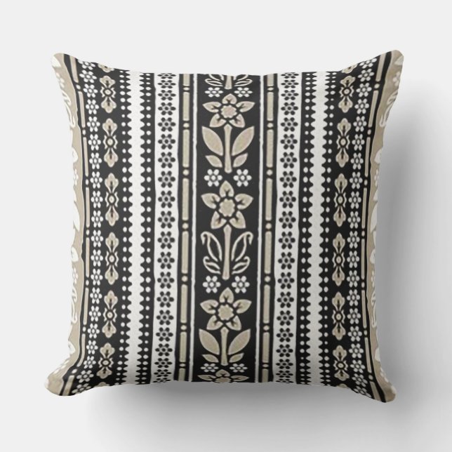 Black and Beige Floral Striped Throw Pillow (Front)