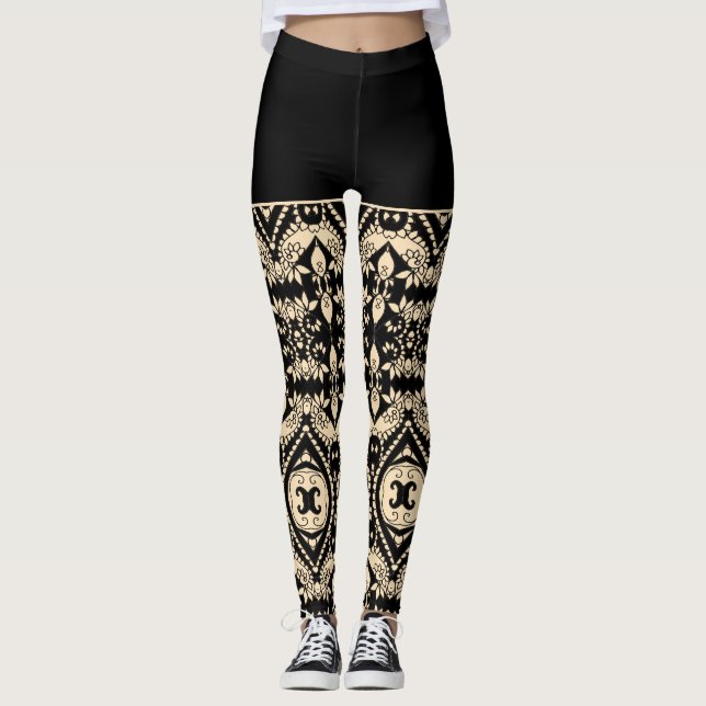 Black and Beige Geometric Pattern Leggings (Front)