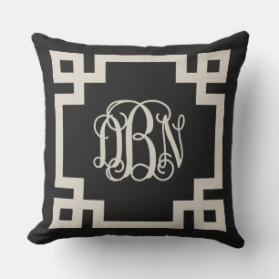 Black and Beige Greek Key Script Monogram DBN Cushion
