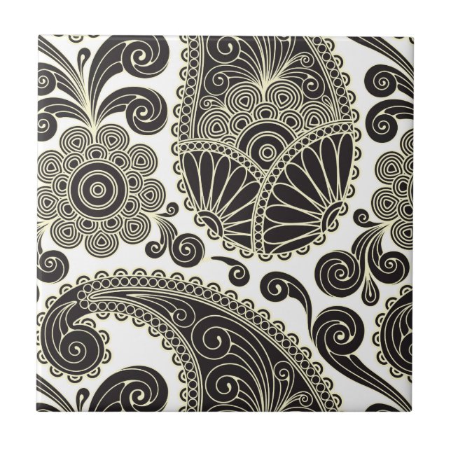 Black and beige paisley ceramic tile (Front)