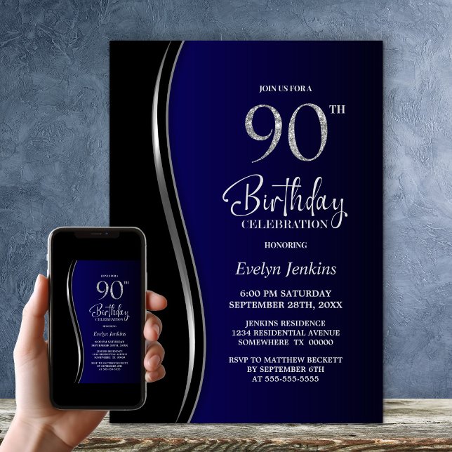 Black and Blue 90th Birthday Party Invitation (Creator Uploaded)