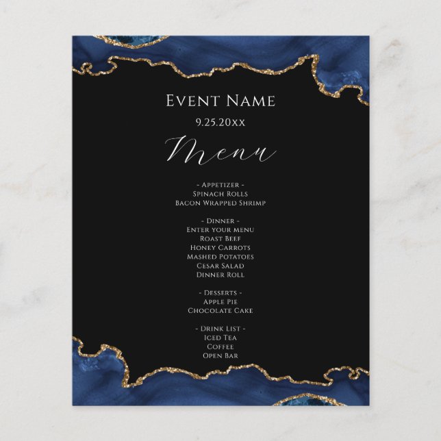 Black and Blue Agate Paint Budget Event Menu (Front)