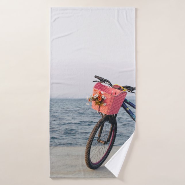 Black and blue bicycle with basket bath towel (Bath Towel)