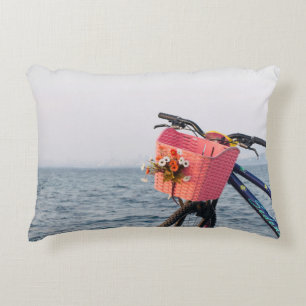 Black and blue bicycle with basket decorative cushion